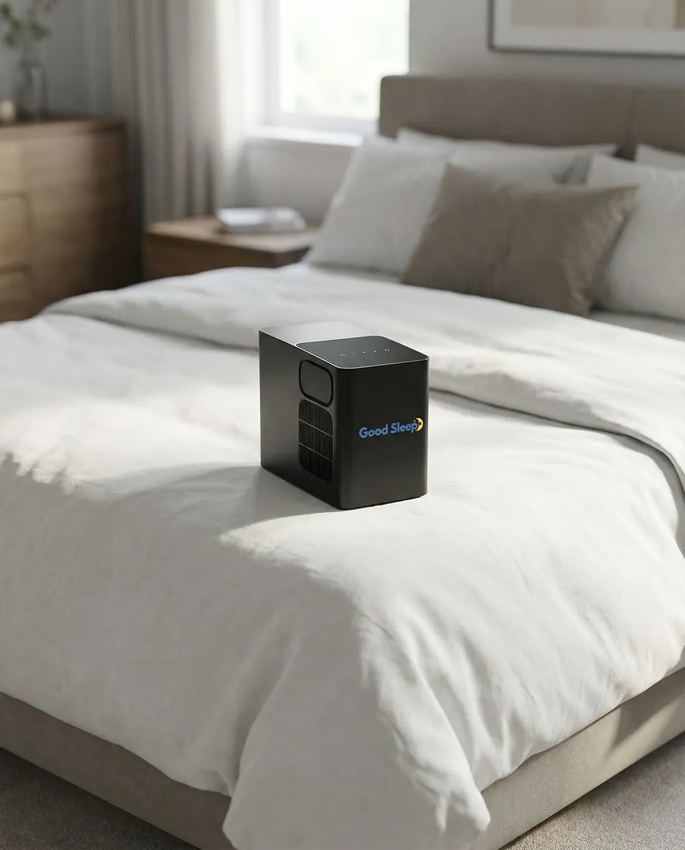 Good Sleep hub and cooling and heating topper on a king bed